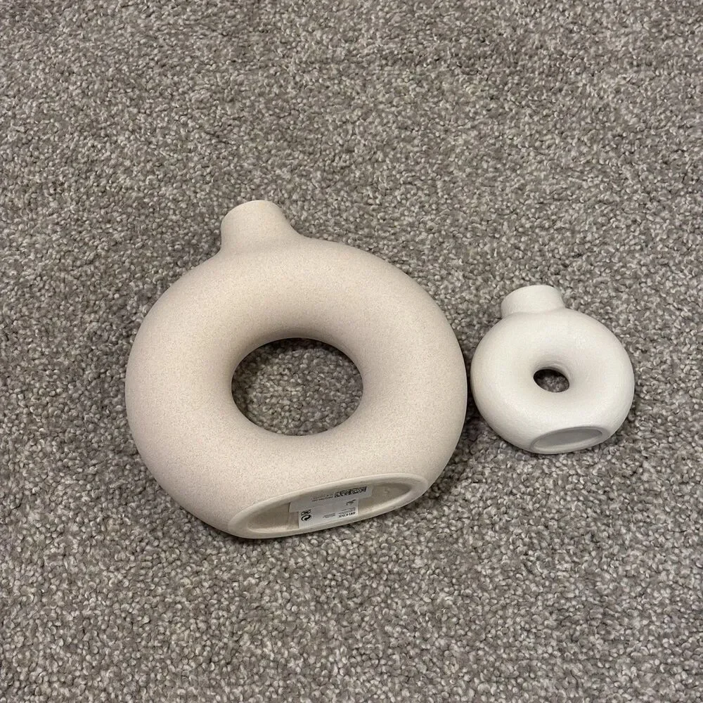 H&M Home Circular Donut Ceramic Vase Set Lot of 2 Matte Modern Decorative Art